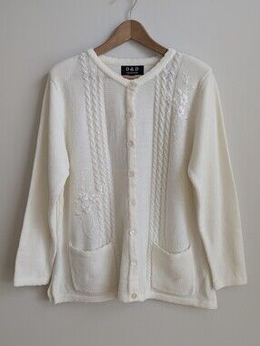 NWT Embroidered Beaded Winter White Cream Soft Chenille Cardigan Sweater XL